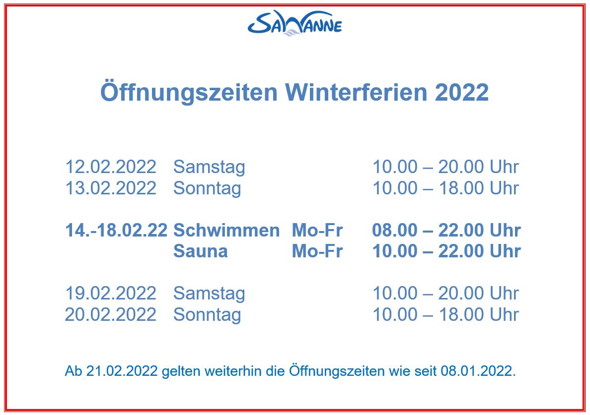 Hallenbad SaWanne - Öffnungszeiten in den Winterferien 2022 - Öffentliches Schwimmen und Saunieren